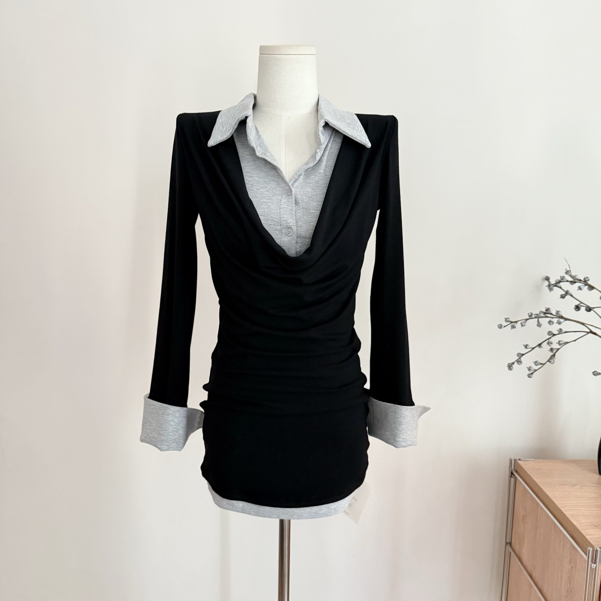 Women's Siren Style Polo Illusion Two-Piece Bodycon Dress with Draped Neckline and Slimming Fit - Image 2