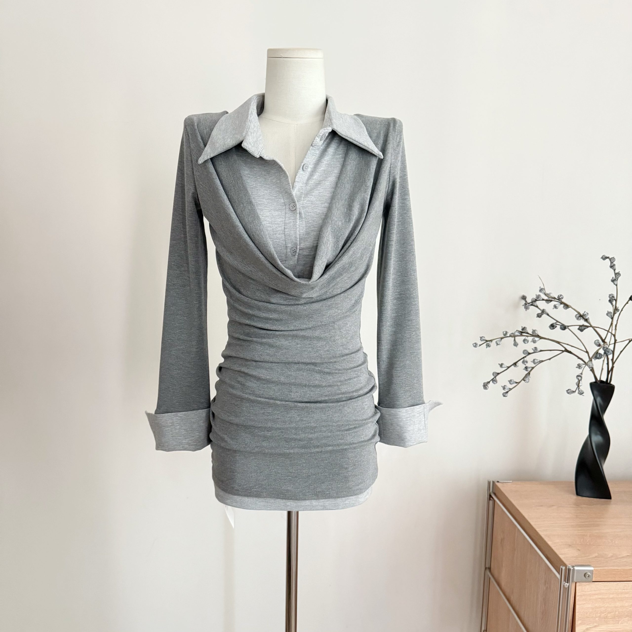 Women's Siren Style Polo Illusion Two-Piece Bodycon Dress with Draped Neckline and Slimming Fit - Image 3