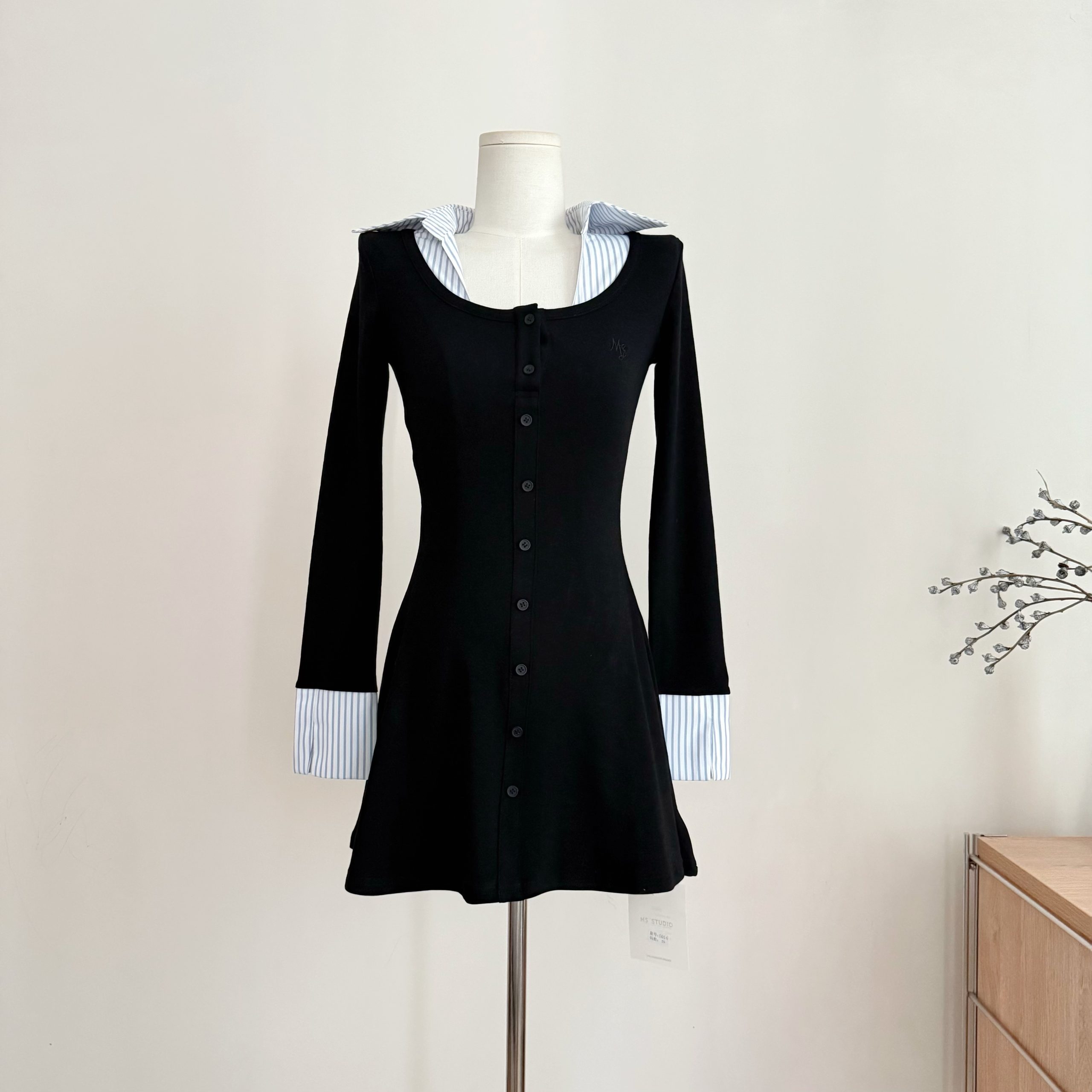 Mejiu Twilight Dance Knit Two-Piece Look Cinched Waist Dress for Women Spring Long Sleeve