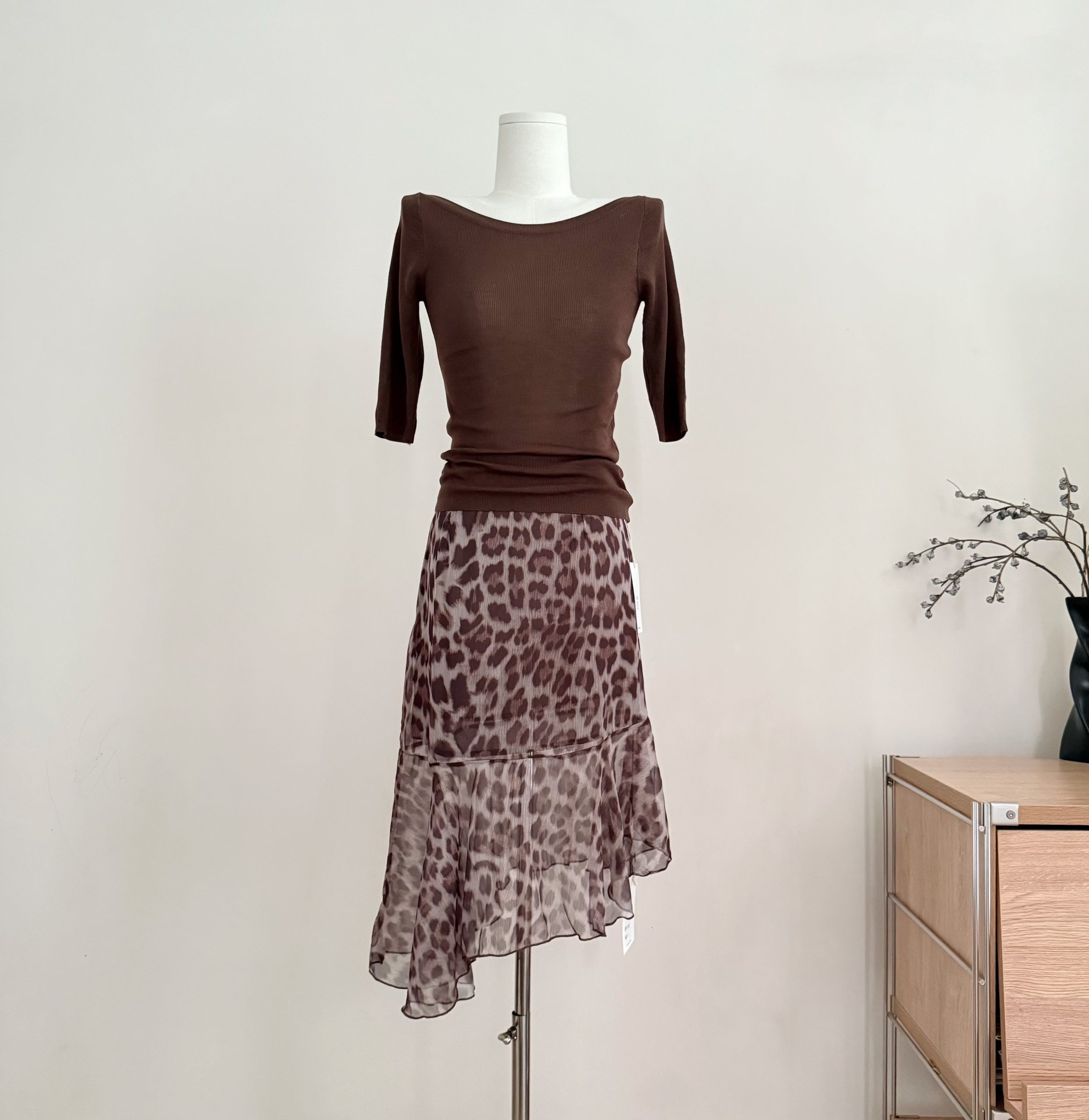 Retro Mocha Leopard Print Pleated Mermaid Hem High Waist Slimming Skirt for Women