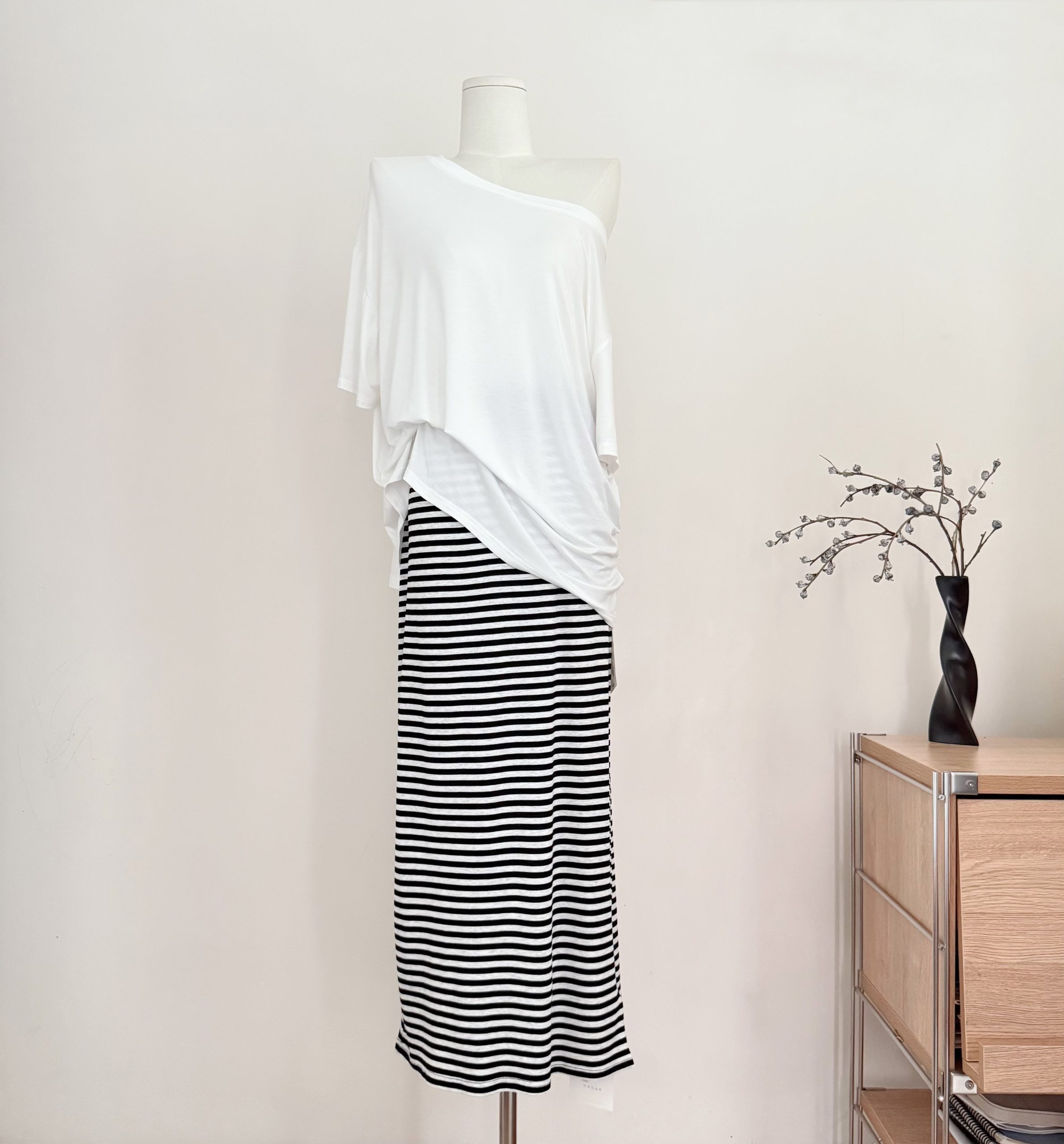 Women's Black and White Striped High Waist Long Skirt Summer Knit Design