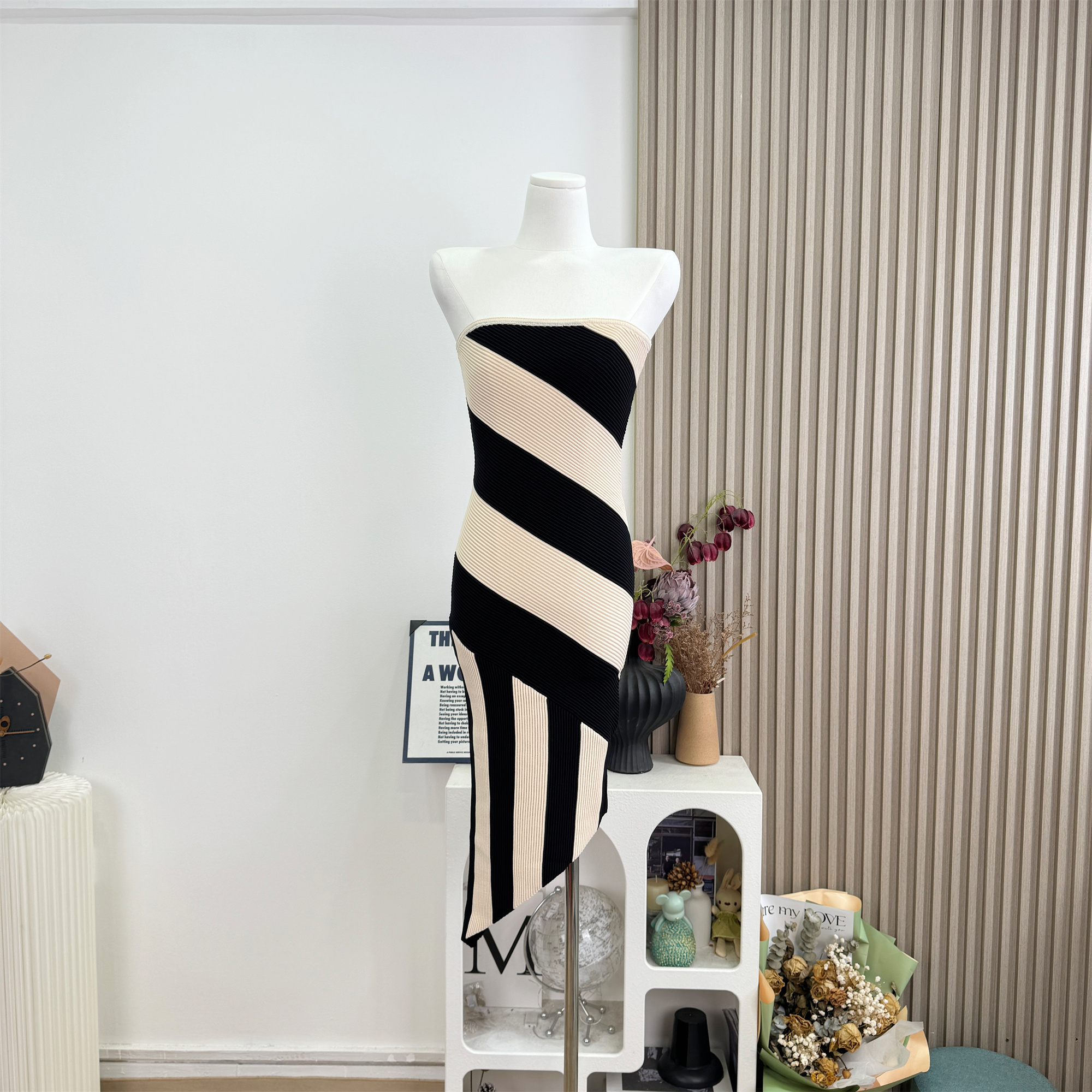 Women's Strapless Knitted Bodycon Dress with Diagonal Stripe Panels and Irregular Hem