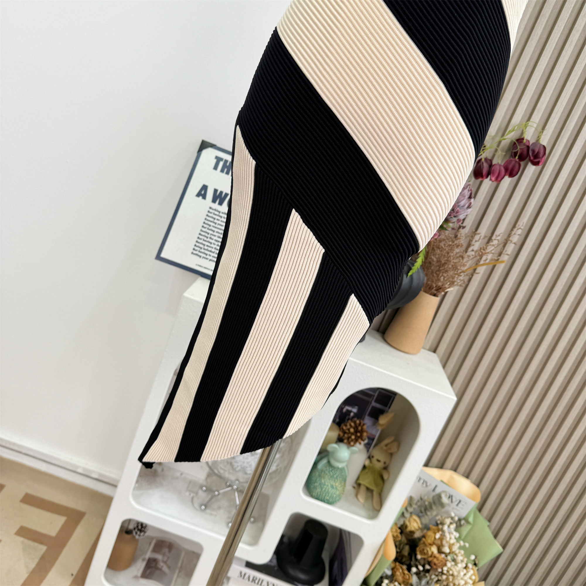 Women's Strapless Knitted Bodycon Dress with Diagonal Stripe Panels and Irregular Hem - Image 3