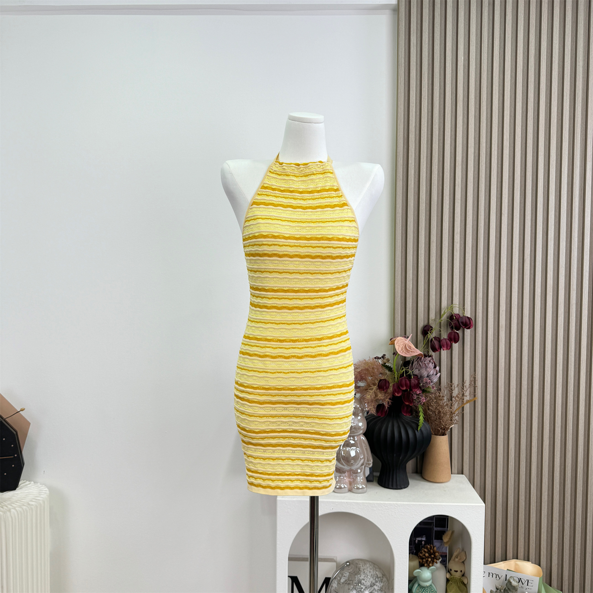 Lemon Yellow Striped Halter Open Back Waist-Fitted Bodycon Knit Dress