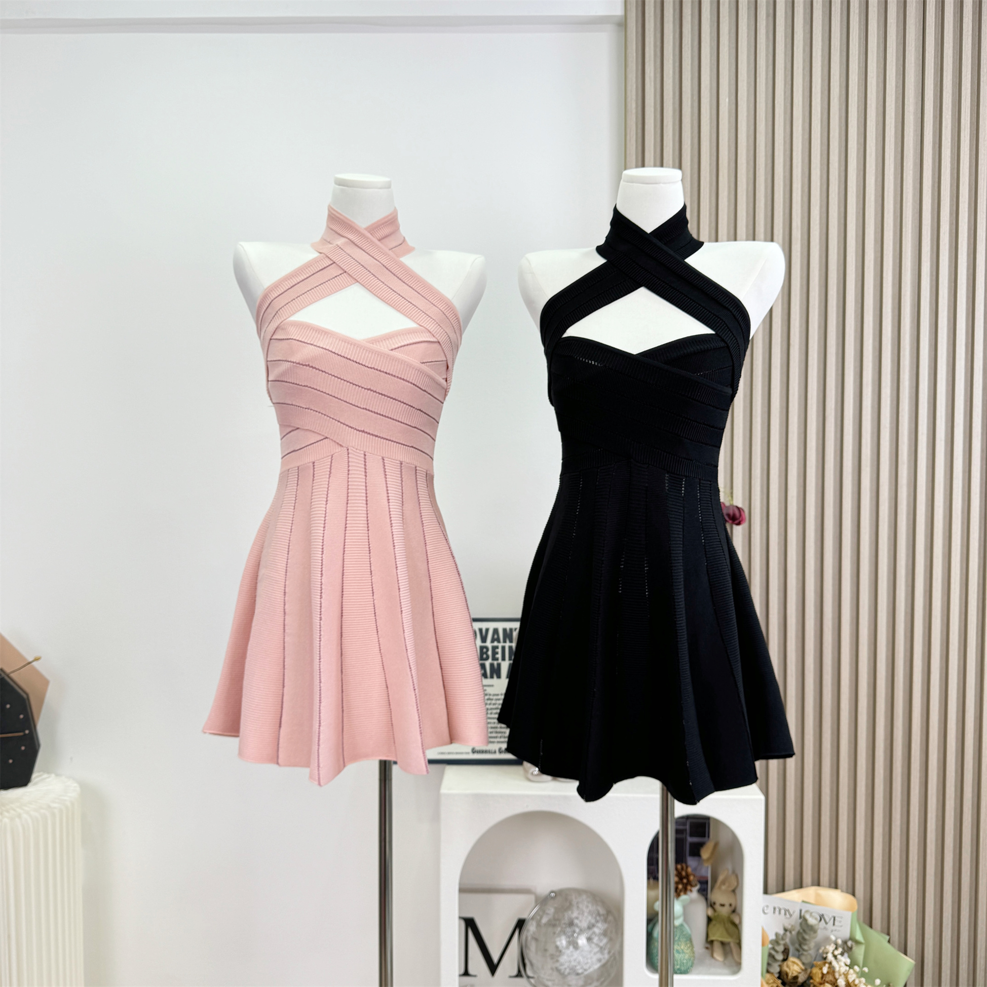 JAYKY YANG Heartbeat Cross Halter Off-Shoulder Waist-Cinched Sleeveless Knit Dress
