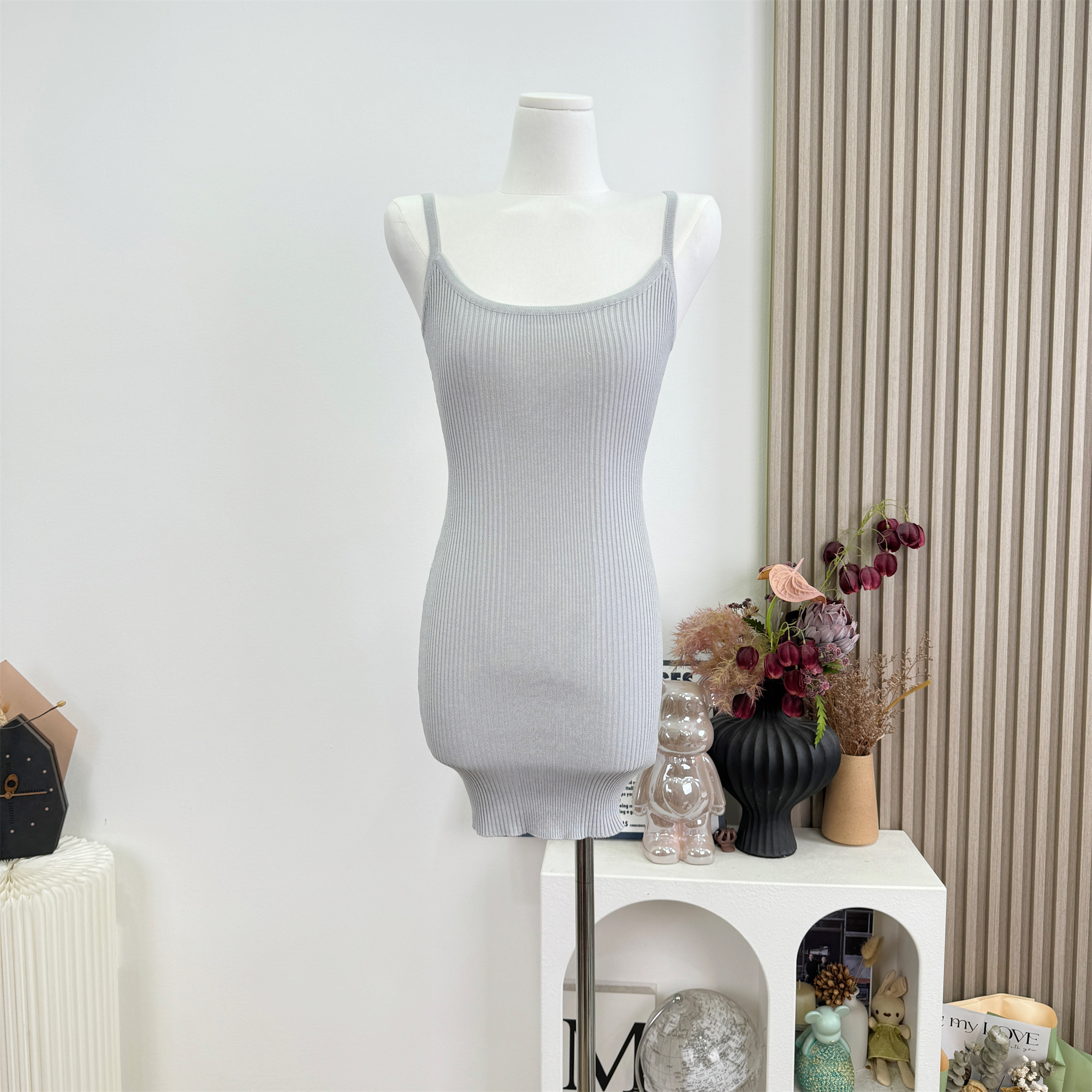 Women's Gray Lazy Style Two-Piece Knit Dress Set with Sleeveless Dress and Sun Protection Cardigan - Image 2