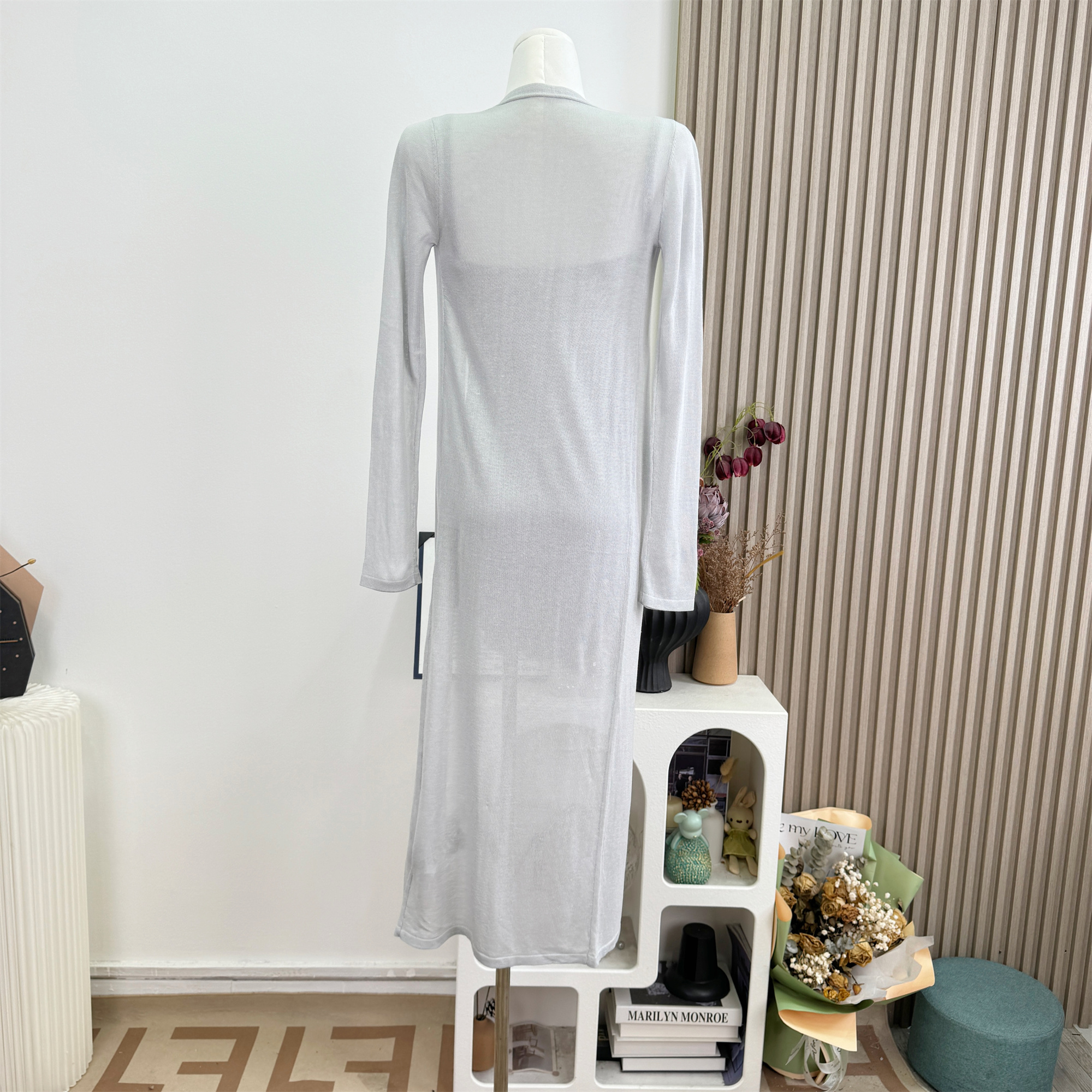 Women's Gray Lazy Style Two-Piece Knit Dress Set with Sleeveless Dress and Sun Protection Cardigan - Image 3