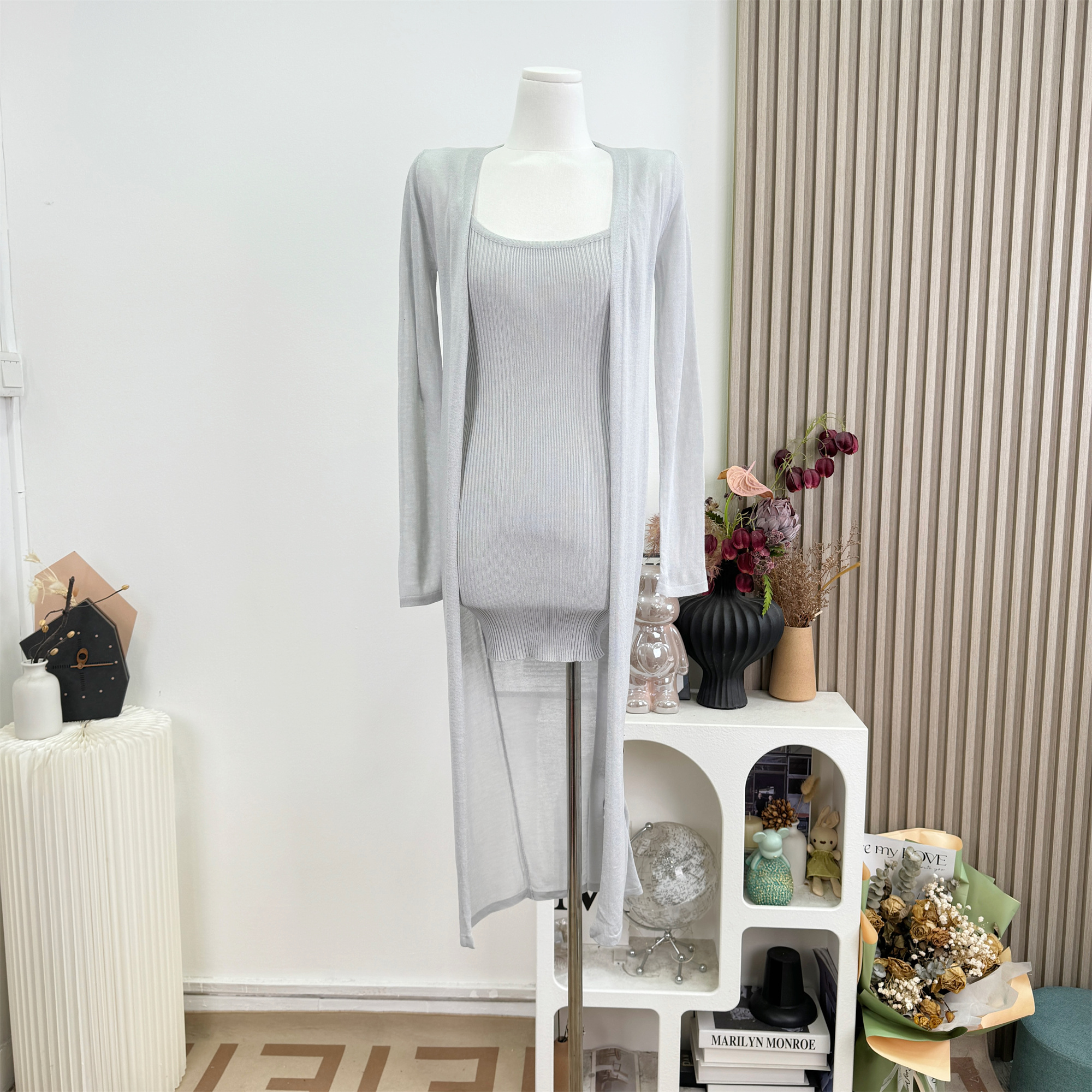 Women's Gray Lazy Style Two-Piece Knit Dress Set with Sleeveless Dress and Sun Protection Cardigan - Image 5
