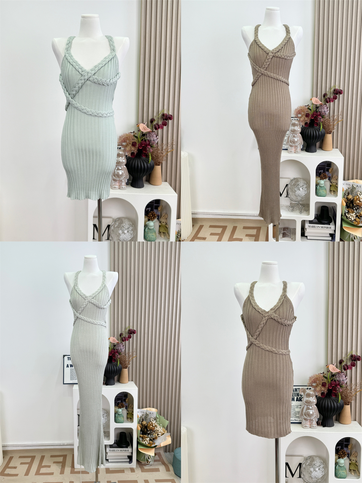 FAY Oatmeal Knit Backless Halter Bodycon Cami Dress Summer