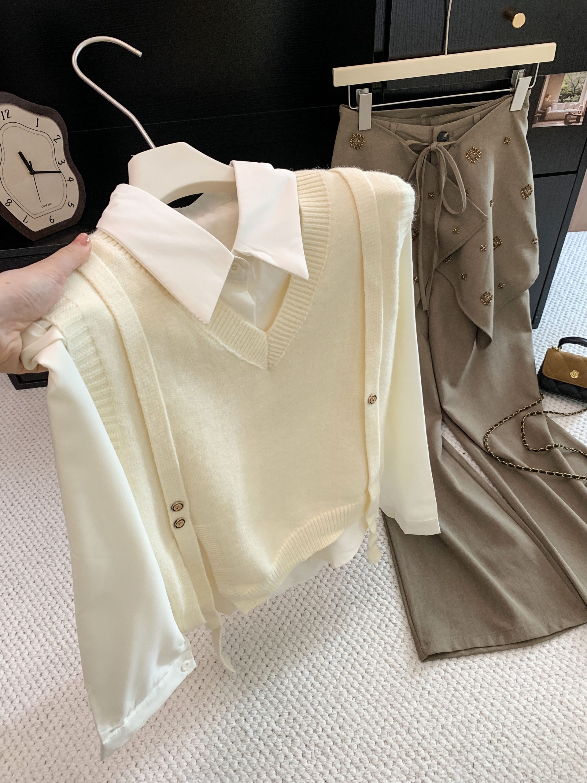 Korean Preppy Layered Knit Vest and Retro Collared Shirt Two-Piece Set for Women Autumn
