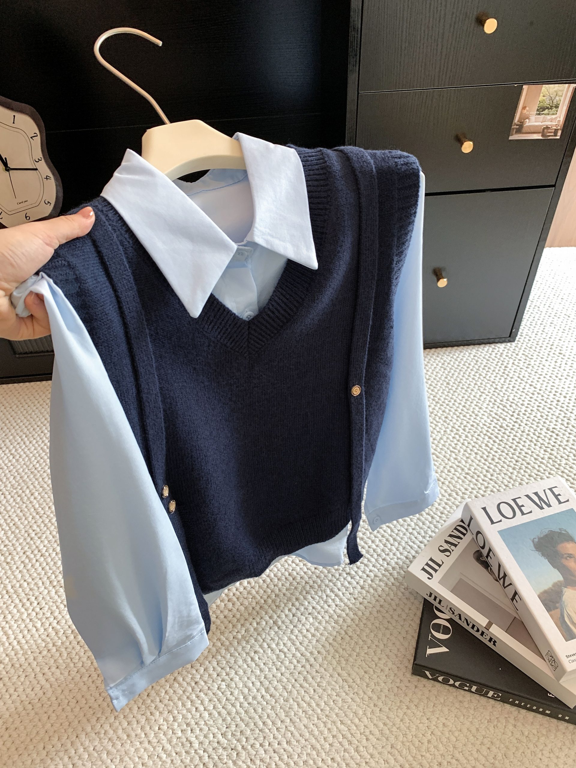 Korean Preppy Layered Knit Vest and Retro Collared Shirt Two-Piece Set for Women