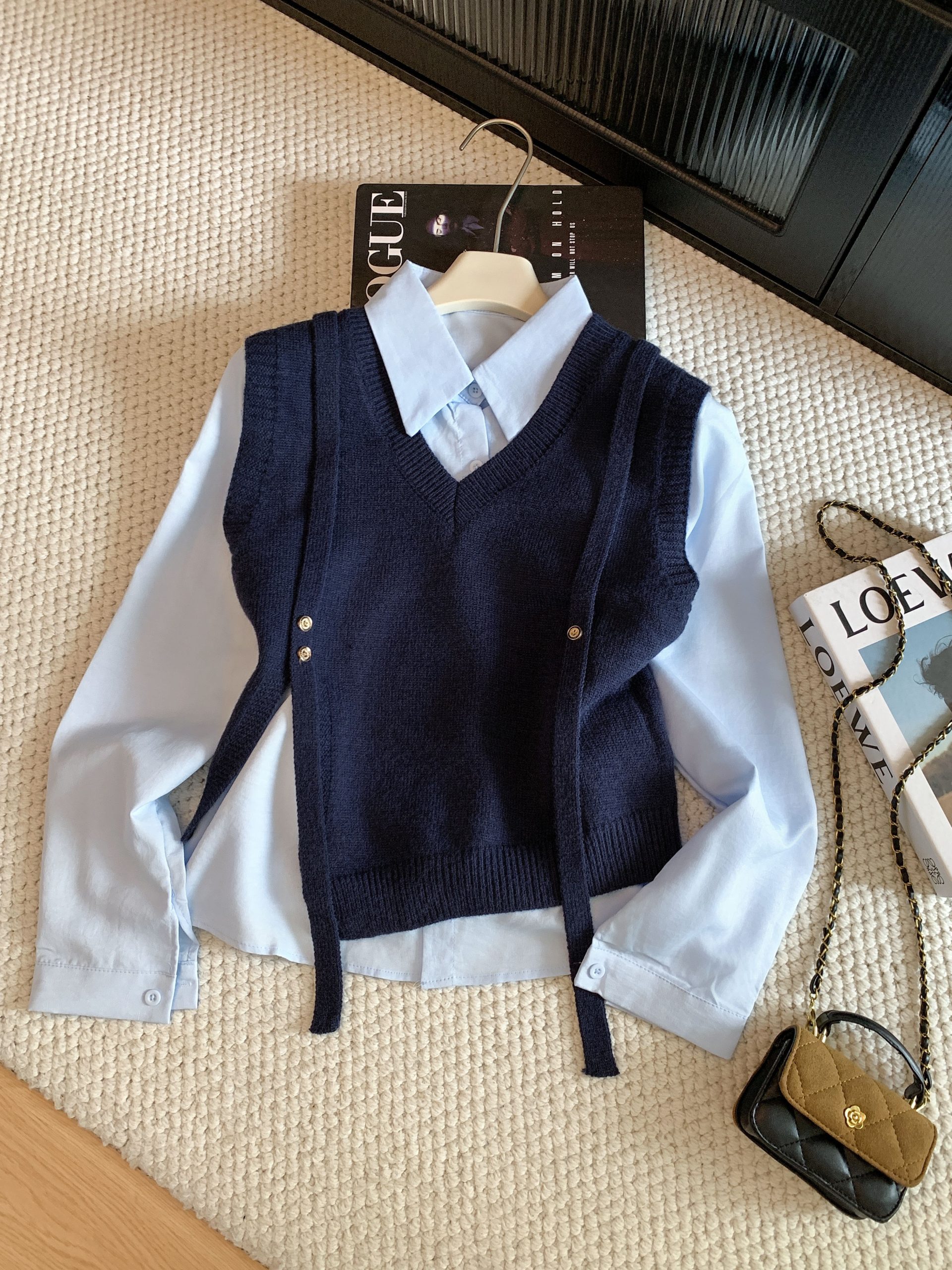 Korean Preppy Layered Knit Vest and Retro Collared Shirt Two-Piece Set for Women - Image 2