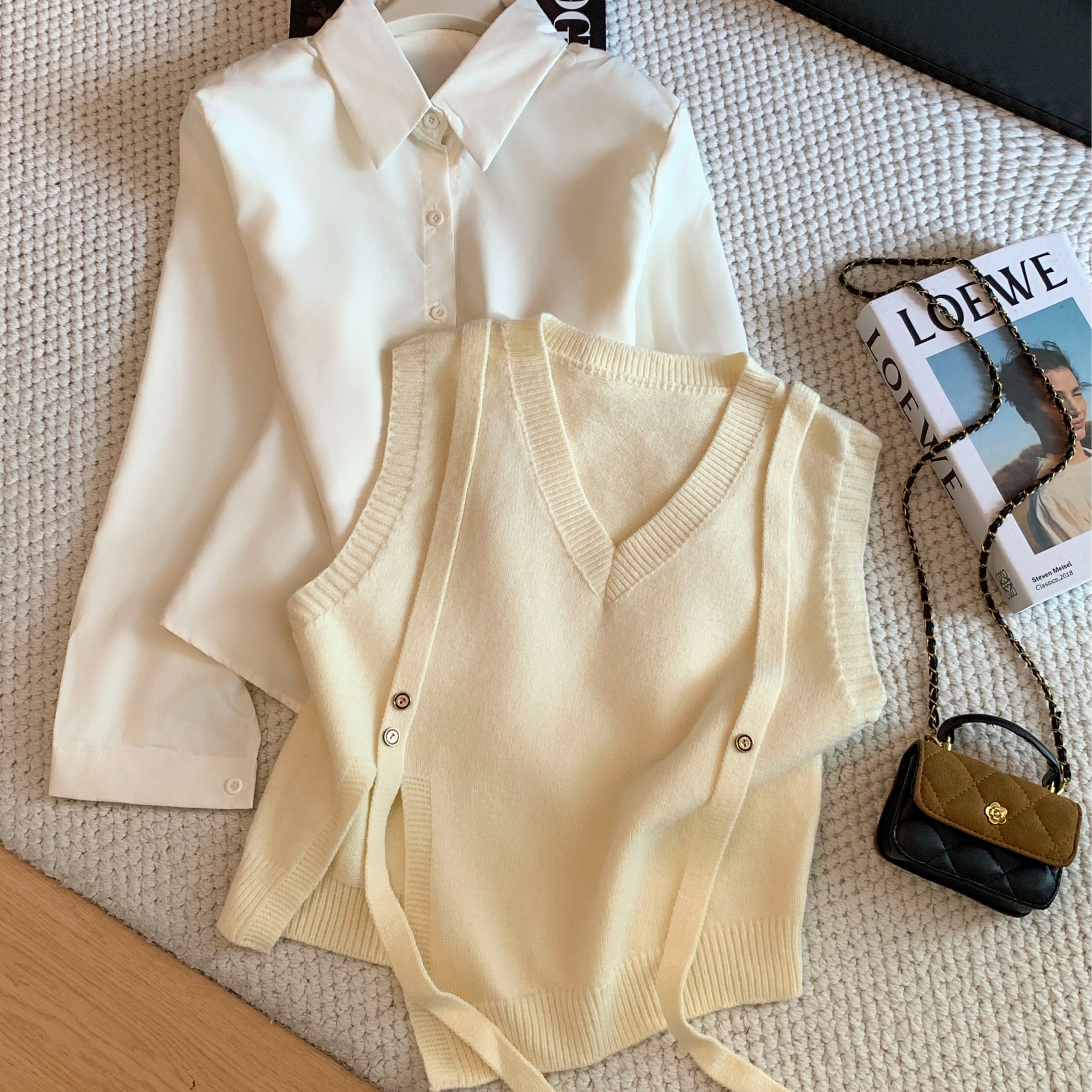 Korean Preppy Layered Knit Vest and Retro Collared Shirt Two-Piece Set for Women - Image 5