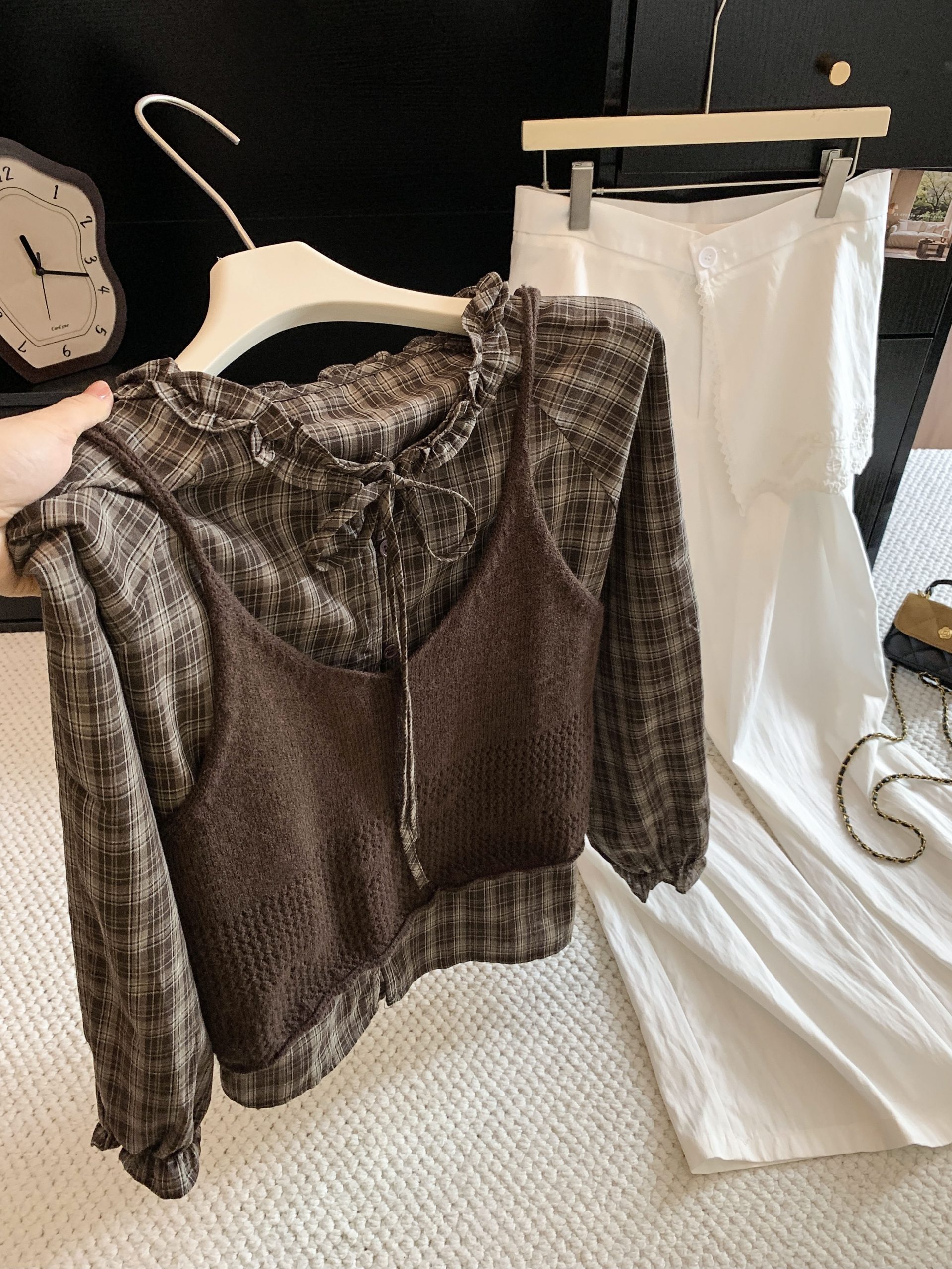 Korean Retro Ruffled Plaid Tie Shirt and Cami Knit Two-Piece Set