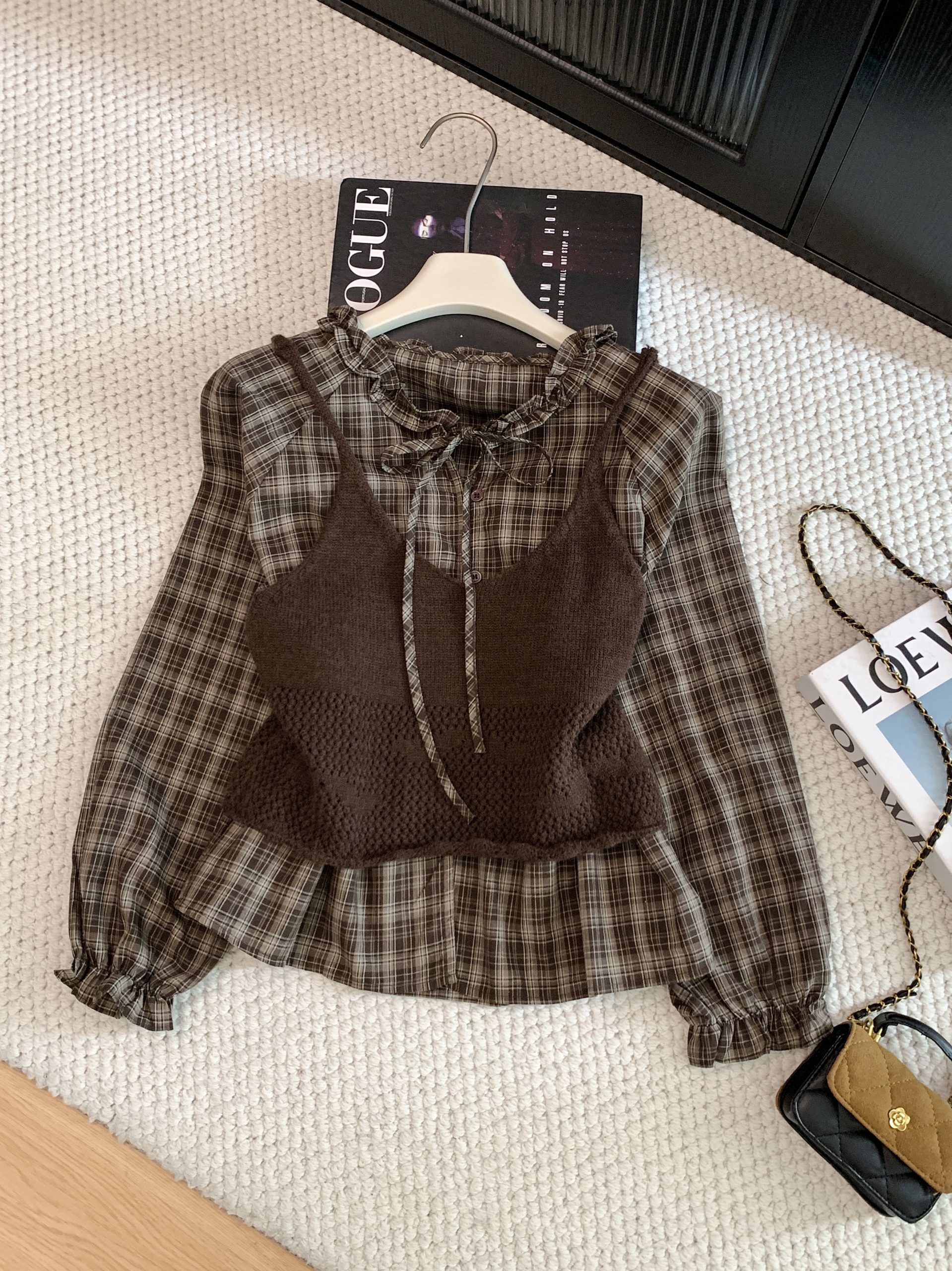 Korean Retro Ruffled Plaid Tie Shirt and Cami Knit Two-Piece Set - Image 2