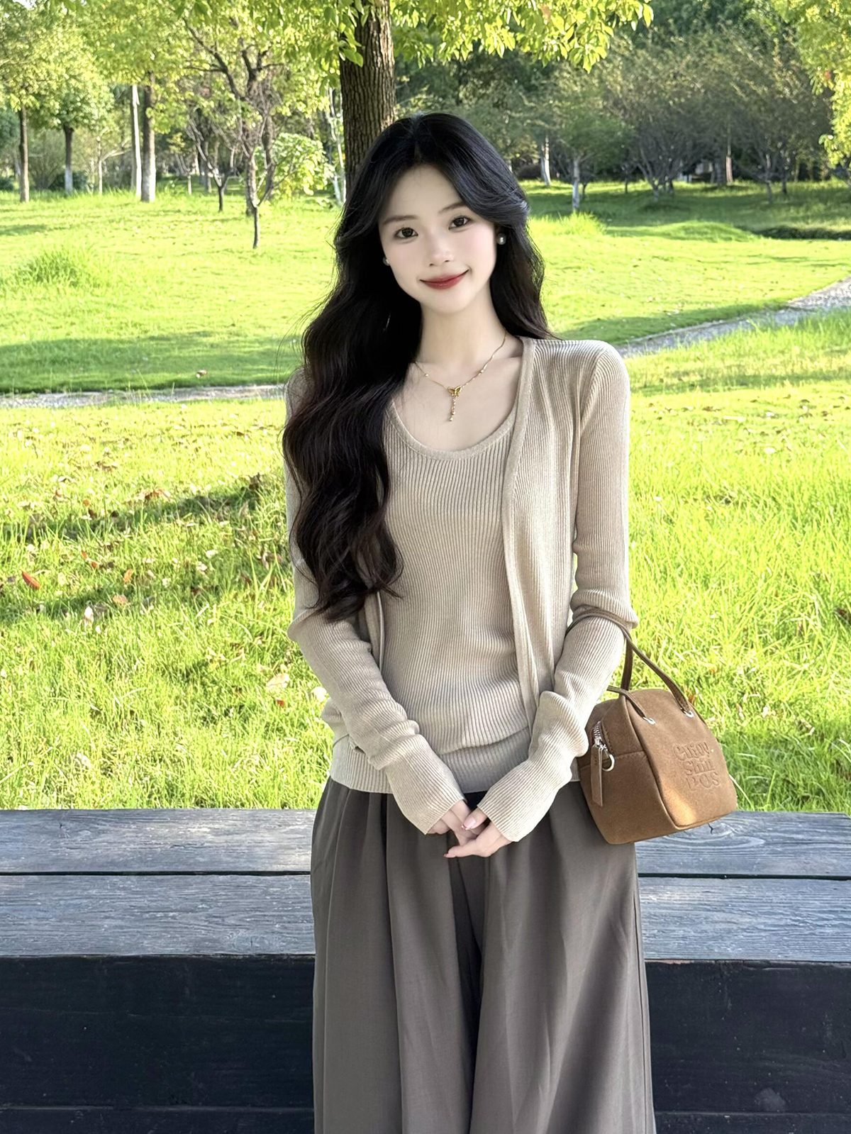Women's Knit Cardigan and Vest Two-Piece Set in Khaki for Fall