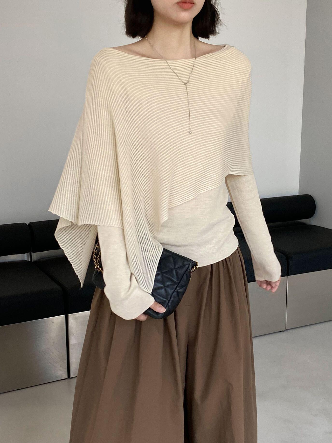 Women's Faux Two-Piece Irregular Slimming Knit Top Long Sleeve Early Autumn New Arrival - Image 4