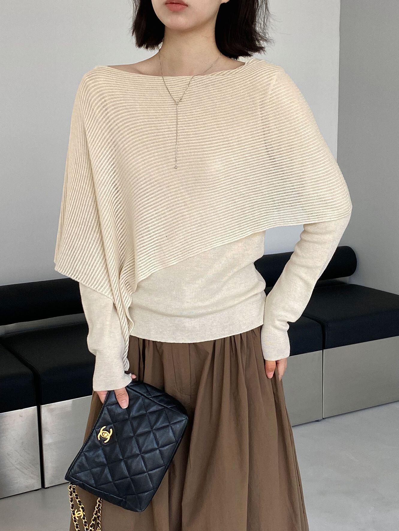 Women's Faux Two-Piece Irregular Slimming Knit Top Long Sleeve Early Autumn New Arrival - Image 2