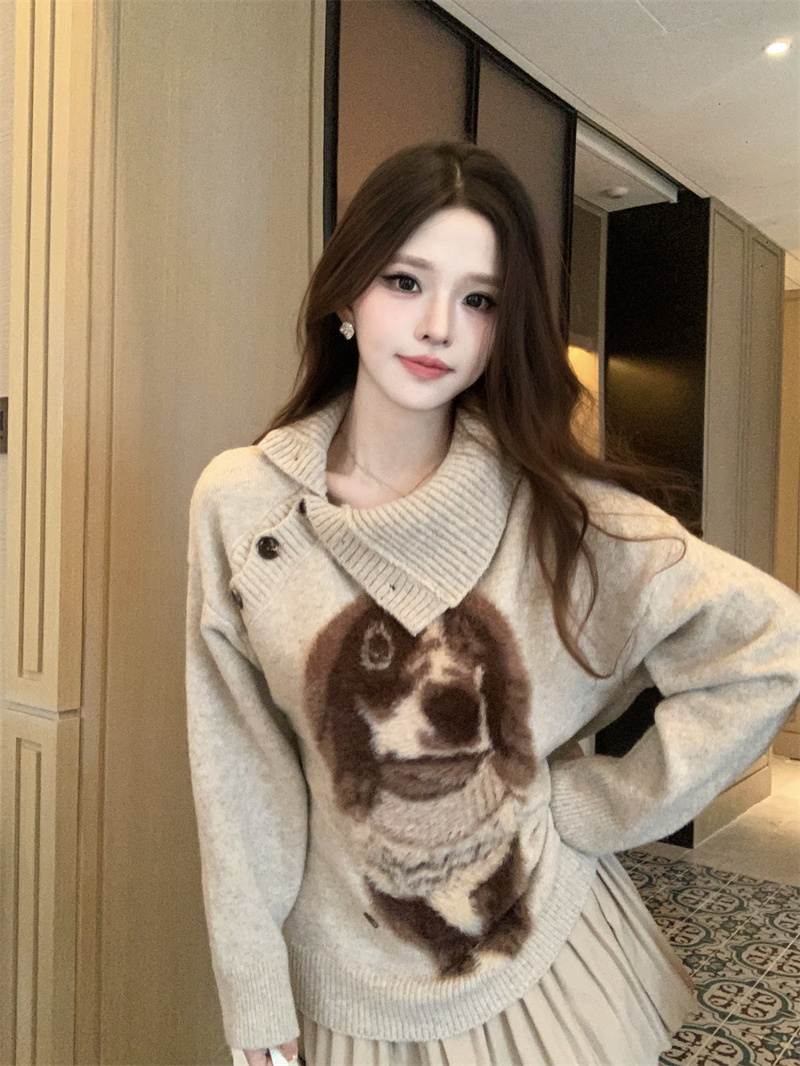 Cute Puppy Design Button Long Sleeve Knit Sweater for Women